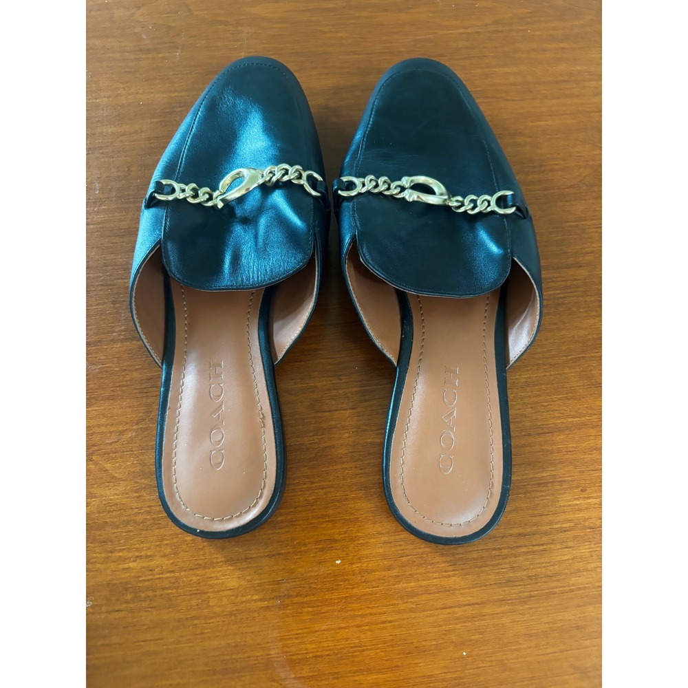 Coach Haley Loafer Mule Womens 7B Black Leather Gold Chain FG4186 Slip On